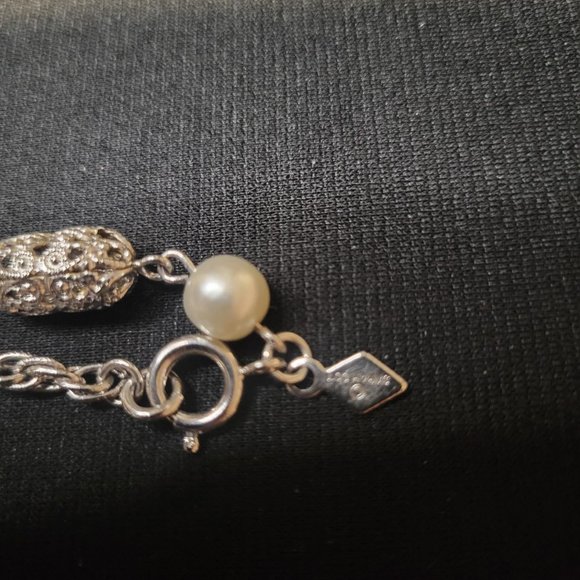 Vintage Faux Pearl Necklace 50" Sarah Coventry Chain Silver Tone Ornate Barrels - Picture 5 of 5